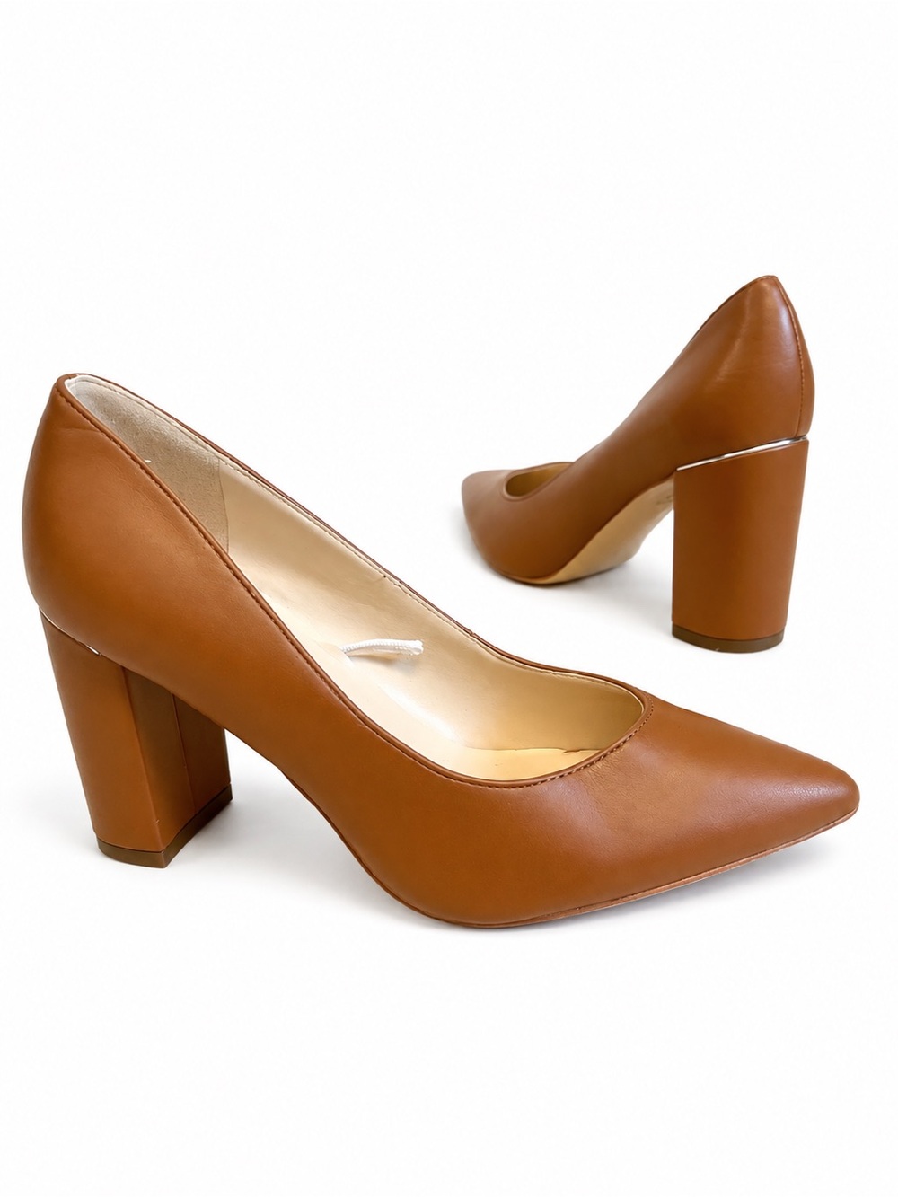 MARC FISHER Viviene BLOCK HEEL POINTY TOE PUMP Tan leather women size 7M preppy